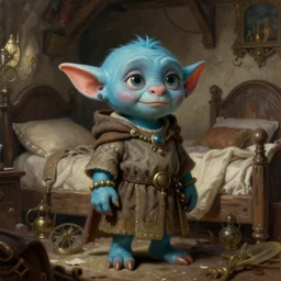 classic oil painting, an adorable cyan goblin that is wearing medieval robes, as a dnd character, inside a cluttered bedroom, cottagecore, highly detailed, digital illustration, concept art, smooth, sharp focus, art by tim hildebrandt, and greg hildebrandt