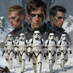 a epic norman rockwell painting close up face portrait group of stormtroopers roaming through the winter mountains, gritty tech, deep focus, fantasy, intricate, elegant, highly detailed, digital painting, artstation, concept art, matte, sharp focus, illustration, dark fantasy style art, resident evil, art by artgerm and greg rutkowski and alphonse mucha