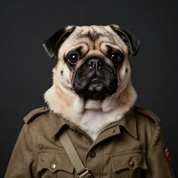 portrait of a pug as a military man, dark background, studio light, hdr, nikon 2 4 mm f / 1. 8 g, by fernando botero