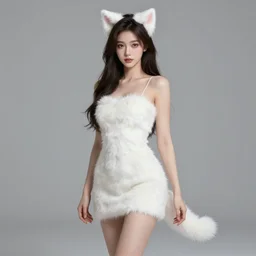 beautiful aesthetic full body digital illustration of a young woman wearing a furry white dress, furry white cat ears and tail, by wlop and Julia Razumova, realistic, photorealistic, hyperrealistic, unreal engine, octane, deviantArt, trending on artstation, artstation HQ