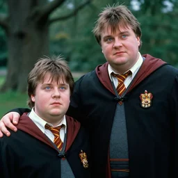 sharp, highly detailed, film from a 2 0 0 2 drama 8 k movie, two chubby wizards appear in a park in 2 0 1 9, a short male wizard and a tall male wizard, wearing robes and neckties, atmospheric lighting, in focus, reflective eyes, 3 5 mm macro lens, live action, nice composition