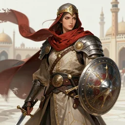 whimsical guardian warrior of sultan's square, scarf, sword and shield, close up, flowing cape, parka, details, sharp focus, elegant, highly detailed, illustration, by jordan grimmer greg rutkowski wlop maya takamura, intricate, trending artstation, pixiv, digital art