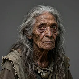 very old wrinkled black woman crone with long scraggly hair wearing rags, character portrait, concept art, intricate details, highly detailed photorealistic portrait in the style of adam hughes, seseon yoon, artgerm and warren louw