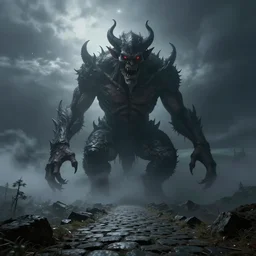 a gigantic demon on a cobblestone hard mountain, night, scary, eerie, foggy lighting, rim light, digital art.