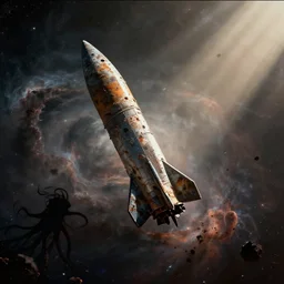 a derelict rocket floating on the edge of a dark nebula! a tentacled monster!, debris, silhouette, close up, crepuscular rays, dramatic lighting, cinematic, science fiction, 1 9 7 0 s alien, octane render 4 k