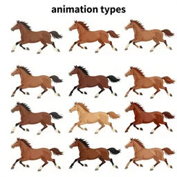 an animation of the same horse running left to right shot frame by frame, separated into equally sized frames, from'animation types'