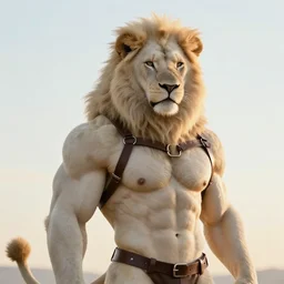 aesthetic portrait commission of a  of a male fully furry muscular anthro albino lion wearing attractive gay leather harness with a tail and a beautiful attractive hyperdetailed face at golden hour, safe for work (SFW). Character design by charlie bowater, ross tran, artgerm, and makoto shinkai, detailed, inked, western comic book art, 2021 award winning film poster painting