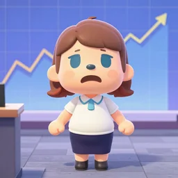 isabelle from animal crossing, being shocked at the stock market, line graph backdrop, news reporter