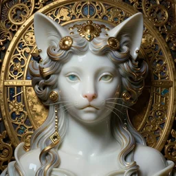 face centered portrait, artwork by james jean, hyperdetailed realistic smooth polished porcelain, beautiful cat queen, jean delville, art nouveau, gustav klimt, ornate metal gothic icon with heavy patina, james jean, ultrasharp hyperdetailed photorealistic octane render, otherworldly, whimsical, ethereal, mythology