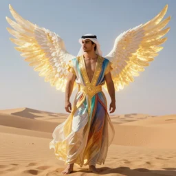 full figure beautiful young fit arabic man, dressed with multicolored fluent clothes, majestic wings, luminous scene, by greg rutkowski and alphonse mucha, d & d character, gradient white to gold, in front of a dune desert background, highly detailed portrait, digital painting, artstation, concept art, smooth, sharp focus illustration, artstation hq