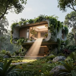 futuristic house where nature blends into architecture,  beam of light entering from a window, structure merging into the landscape, octane render, 4k