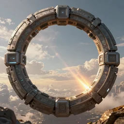 stargate cyberpunk made of stone that form a circle, cinematic view, epic sky, detailed, concept art, low angle, high detail, warm lighting, volumetric, godrays, vivid, beautiful, trending on artstation, art greg rutkowski