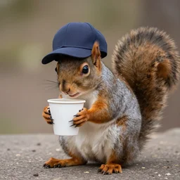 sleepy squirrel, wearing a night cap, holding a cup of coffee