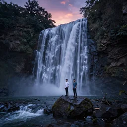 twilight waterfall, extremely detailed, sharp focus, wide view, full body shot, smooth, digital photo, by, james jean, by rossdraws, frank franzzeta, sakimichan, jeremy lipking