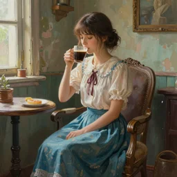 portrait painting of a girl wearing a skirt drinks coffee in a shabby room by kilart, irakli nadar, bright colors, octopath traveler, kilart, unreal engine 5 highly rendered, global illumination, 9 radiant light, detailed and intricate environment