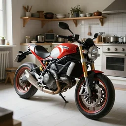 mysterious ducati panigrale motorbike, crammed into cluttered classical kitchen, white tile on the floor, overexposed, by paolo pellegrin, by trent parke, prize winning color photo