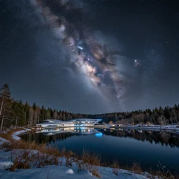 a beautiful double exposure of a deep field astrophotography image by hubble in the sky, and a night time landscape of clean sci - fi building with forests and a still lake with reflections, snow, lpoty, award winning, apod, low noise, detailed, sharp, elevated point of view