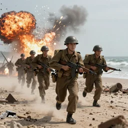american soldiers running at the camera with rifles during normandy beach landing with fiery explosions and debris and dead bodies and limbs all around them in the style of the movie up, gritty, 4 k, cinematic lighting,