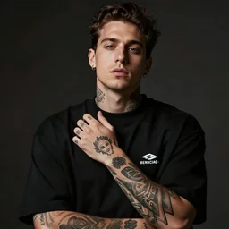 hiper realistic men with tattoos in black balenciaga - style clothing, by rene margitte