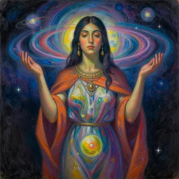 a shaman woman holding up the cosmic!!!! universe, by remedios varo, reflection, symbolist, pastel colors, dramatic lighting, smooth, sharp focus, extremely detailed, aesthetically pleasing composition