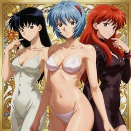Rogue Anime sexy girl Ayanami Rei and Motoko Kusanagi, hourglass slim figure, red hair and attractive features, seductive smile, highly detailed, digital painting, artstation, concept art, sharp focus, illustration, art by artgerm and greg rutkowski and alphonse mucha