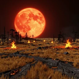 alien planet landscape with scorched grasslands and forests on fire. gigantic red hot sun. jeffrey smith, stanley donwood