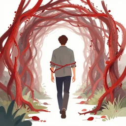 a man walking through a tunnel of red vines, they entwine his arm. clear detailed view. ethereal fantasy art. clean cel shaded vector art. shutterstock. behance hd by lois van baarle, artgerm, helen huang, by makoto shinkai and ilya kuvshinov, rossdraws, illustration, art by ilya kuvshinov