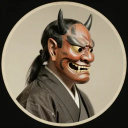 a potrait of samura taken in 1 6 3 0, in a circle, kodak 4 0 0, nft style, facing sideways, wearing an oni mask, grain, scretch, high quality, 8 k, photorealistic, real, old photo style