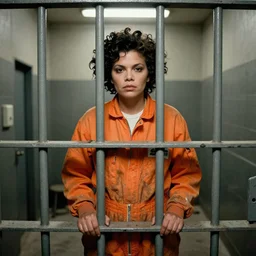 imelda marcos in jail, behind bars, wearing an orange jumpsuit, dirty jail cell, award winning photograph by steve mccurry