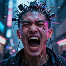 a highly detailed close up of a screaming cyberpunk, with electrical wires and computer cables coming from the top of his head, in a cyberpunk shinjuku setting, 4 k hyper - realism photo, cyberpunk, glitchart