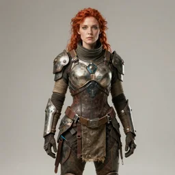full body, a rustic woman wearing futuristic armor, detailed face, redhead, by greg rutkowski, mandy jurgens