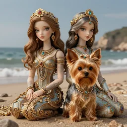 youth woman and a yorkshire dog sitting side by side, dramatic, photography, insanely detailed and intricate, hypermaximalist, elegant, ornate, hyper realistic, super detailed, beach background