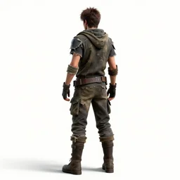 male teen wearing tattered post apocalypse outfit, rear view, full body shot, 3 d render, 8 k, isolated, ya fantasy