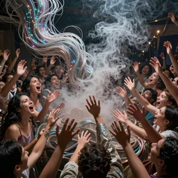 detailed entangled fibres ,volumetric lighting, twisting vapour, bellowing dust ,flowing shimmering fabrics, Hundreds of humans , emerging hands and beautiful women’s and men screaming laughing and crying face , full colour , upscale , 8k