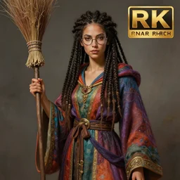 an anthropomorphic beautiful goddess female wizard portrait holding a broomstick wearing colourful robe, round glasses, dreadlock breed hair, fine art, award winning, intricate, elegant, sharp focus, octane render, hyperrealistic, cinematic lighting, highly detailed, digital painting, 8 k concept art, art by jamie hewlett and z. w. gu, masterpiece, trending on artstation, 8 k