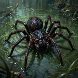 Giant black spider climbing out of a swamp. Concept art. 4k. High detail. In the style of Lovecraft.