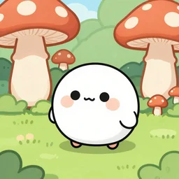 a cartoon render of a cute little mochi ball exploring a mushroom forest, kawaii face