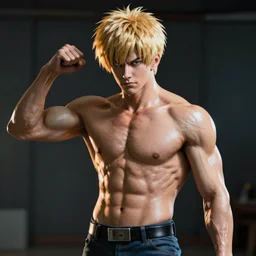 Realistic One Punch Man on a studio shot, buffed, portrait, artistic pose, dark atmosphere, sharp focus, bokeh, movie shot, cinematic perspective, full hd, Vibrant colors