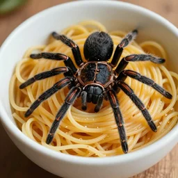 An angry spider in a bowl of spaghetti