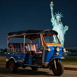 a lonely blue tuk tuk with the statue of liberty in the background, night, full color