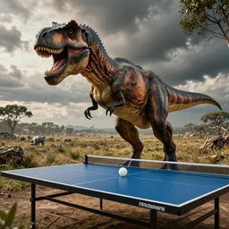 tyrannosaurus playing ping pong photorealistic