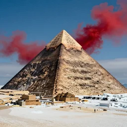 huge pyramid in Antarctica, war, real, blue sky, smoke, red clouds, detailed, award winning, photograph, cinematic