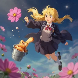 cosmos, flying balaklava with a bucket, digital art, trending on devianart, magic school uniform, blonde hair, by greg rutkowski and studio ghibli, digital art, trending on artstation, highly detailed, concept art, beautiful, masterpiece