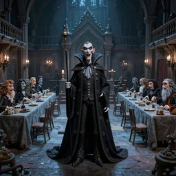 photo taken of an epic intricate, ultra detailed, super realistic stop motion puppets of a majestic gracious regal aristocratic vampires in an indoor banquet hall filmset created by weta workshop directed by tim burton, menacing, wide angle, moody full body shot, photorealistic, sharp focus, gloomy, extremely cold blueish colour temperature, 3 5 mm, f 1. 4