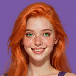portrait of a beautiful smiling girl with orange hair and freckles, green eyes, highly detailed, digital painting, style by Małgorzata Kmiec, artstation, concept art, smooth, sharp, focus, illustration. background is purple