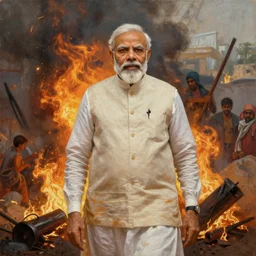Narendra Modi standing in front of a burning and rioting Gujrat, masterpiece, oil on canvas, by Greg Rutkowski, by William Blake, by John Howe, sharp, HD, detailed, cinematic composition, dramatic, concept art, best lighting, 8K,