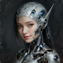 portrait painting of a japanese cyberpunk android, beautiful, smirk, ultra high detail, intricate detail, alien production design, unreal render, cinematic lighting, 1 9 2 0 s art period drama by bussiere rutkowski andreas rocha