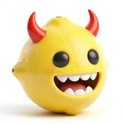 Lemon Demon, a yellow lemon with black eyes, sharp teeth and red demon horns