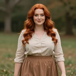 Cinnabar Cedar is a woman with wild copper red hair, green eyes and a soft but very curvy figure. Her face is round and she always wears a gentle smile. She generally dresses in light beige blouses and long skirts in any earth tones
