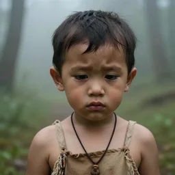 macro face shot, teenager around 2 1 years, walking in foggy forest, detailed face, loincloth, necklace, sad, lonely.